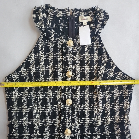 NWT$475 L'AGENCE Jade Tweed Button Mini Dress Houndstooth Black White Gold US 10 - Picture 12 of 16
